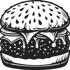 Black and white shows tasty burger filled with cheese, tomato, and patty