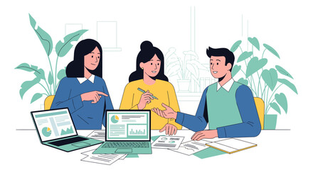 A team of three colleagues in a business meeting collaborating and analyzing data on laptops.