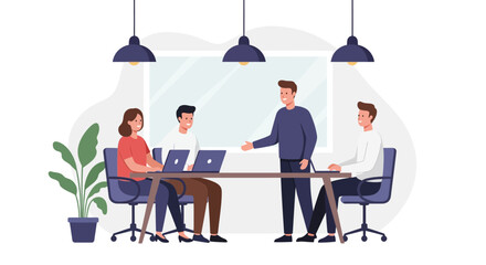 A team of colleagues collaborating in a modern office during a business meeting with laptops.