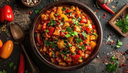Hearty Vegetable Stew with Colorful Bell Peppers Garnished with Parsley in a Rustic Bowl with Scattered Spices in Warm Ambient Light