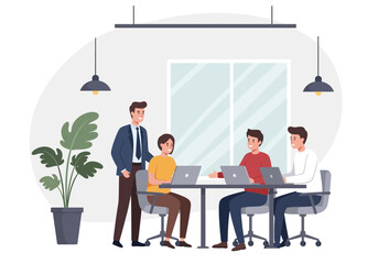 A team of colleagues working on laptops in a modern office with their manager supervising the project.