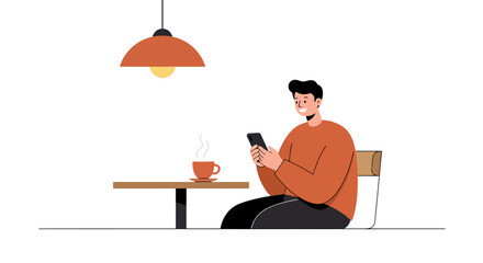 Vector illustration of a young man sitting at a cafe table, using his smartphone next to a cup of hot coffee.