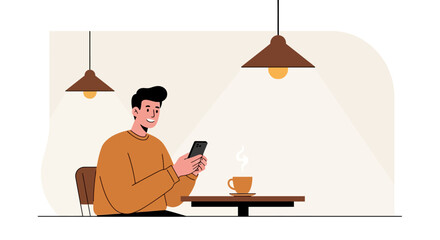 A young man sits at a cafe table with a hot drink, smiling as he looks at his smartphone.