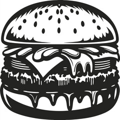 Delectable monochrome burger showcases oozing cheese, dripping condiments and a seeded bun in tasty detail