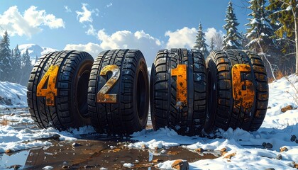 Four vehicle tires with large, numbered markings (4, 2, 1, 6) sit in a snowy, winter environment with trees, blue sky, and a mountain range