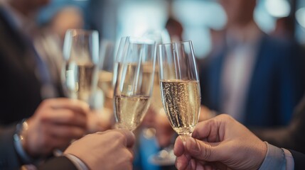 Corporate milestone success celebrated with champagne toast