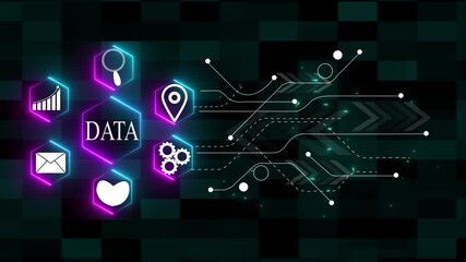 Digital data network with glowing icons and abstract circuit board elements technology - Powered by Adobe