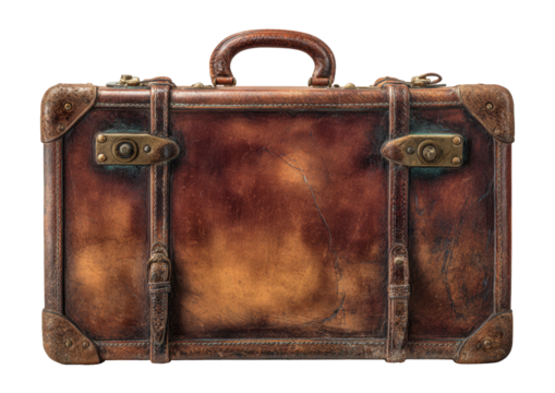 Worn, tan leather suitcase with aged metal details