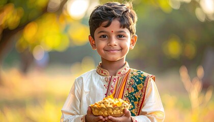 Joyful Young Boy Dressed In Traditional Indian Attire Holding A Basket Of Festive Offerings With Soft Golden Sunlight And Bokeh Background