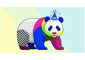 Cartoon panda character with a cheerful expression walking on a white background with copy space