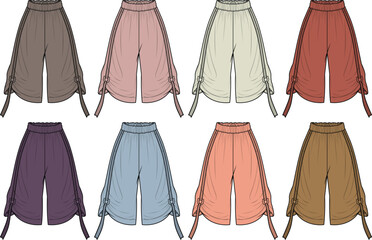 Collection of women's cropped capri pants with side tie detail in multiple colorways. Fashion flat sketch vector illustration set for apparel design and technical drawing templates