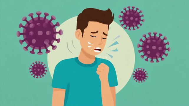 Sick Man Coughing with Virus Particles Around Him. Medical Illustration Concept of Sickness, Flu, Cold, Coronavirus, Infection, and Contagious Respiratory Disease Symptoms.