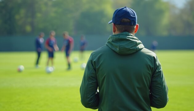 Male coach observes young players training on green soccer field. Children practice football drills vigorously during sunny outdoor session. Mentor provides leadership, observing athletic - Powered by Adobe