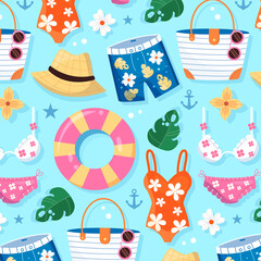 Summer Beachwear Pattern with Swimsuits and Accessories
