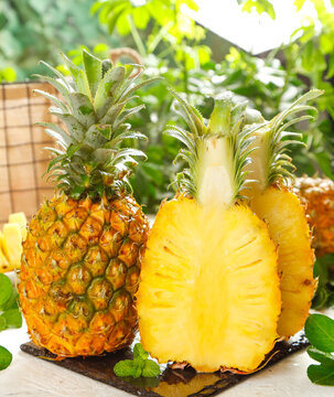 Fresh Pineapples with Hand-Torn Flesh from Zhanjiang Xuwen China on Wooden Board