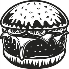 Detailed black and white burger showcases melted cheese, sliced tomato, and sesame seed bun