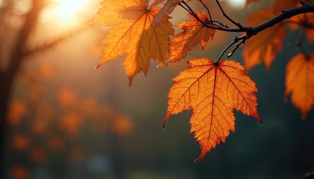 Orange autumn leaves on tree branch glowing in warm sunlight. Close up of vibrant fall foliage during golden hour. Beautiful seasonal nature background with bokeh. Single maple leaf hangs on twig in