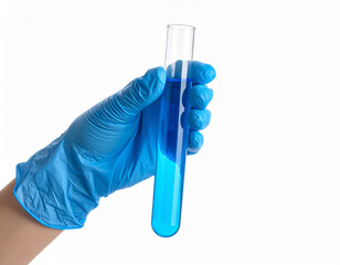 Scientist&rsquo;s gloved hands holding a glass test tube filled with blue liquid in a laboratory, symbolizing biotechnology, chemistry, and medical research precision.