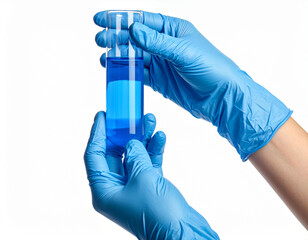 Close-up of hands wearing medical gloves holding a test tube containing blue chemical solution in a modern laboratory, representing science, experiment, and healthcare technology.