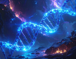 3D render of a glowing blue DNA double helix strand on a dark background, symbolizing genetics, molecular biology, and biotechnological innovation.