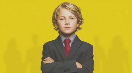 Confident young boy in suit with crossed arms on yellow background