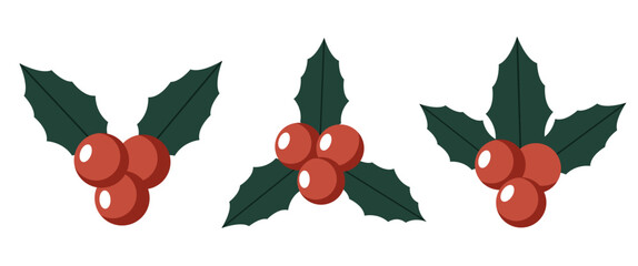 Mistletoe illustration design featuring three variations of holiday holly leaves and red berries in flat festive style.