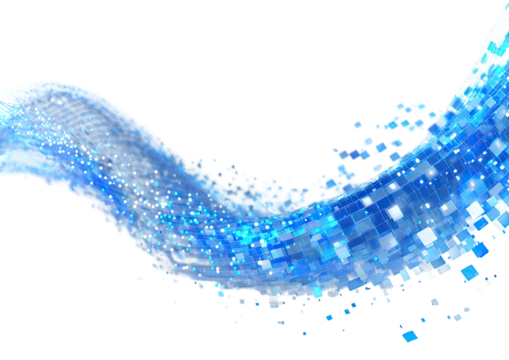 Flowing wave of blue squares, sparkling on a black background - Powered by Adobe