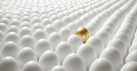 Obraz premium A gold egg stands out amidst many white eggs, suggesting rarity and uniqueness
