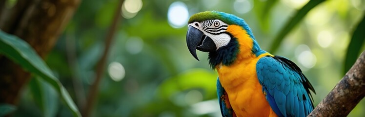Obraz premium Vibrant macaw parrot rests on a tree branch amid lush tropical plants. The stunning bird showcases blue yellow plumage against the bokeh background. Exotic animal photo for nature animal lovers.