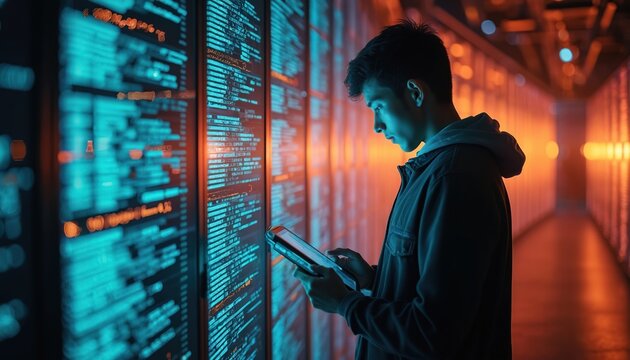 Young male programmer works on tablet in futuristic server room. Focused engineer analyzes computer code on large screen. Developer managing network hardware, big data inside modern tech data center. - Powered by Adobe