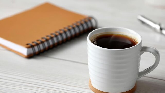 A white coffee cup sits on a wooden table next to a spiral bound notebook. The notebook is open to a page with a few lines of writing. Concept of productivity and focus