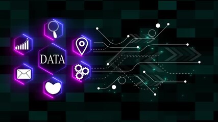 Digital data network with glowing icons and abstract circuit board elements technology - Powered by Adobe