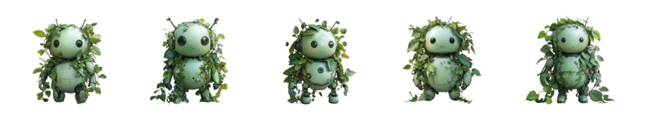 Five small, cute, green, plantlike creatures with big eyes, isolated on transparent background
