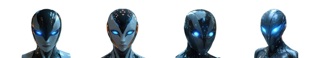 Fototapeta premium Four futuristic alien or robot heads with glowing blue eyes and dark, starry bodies, isolated on transparent background