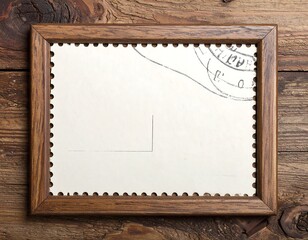 Obraz premium Blank postcard in wooden frame on rustic wood surface, top-down view, clean design