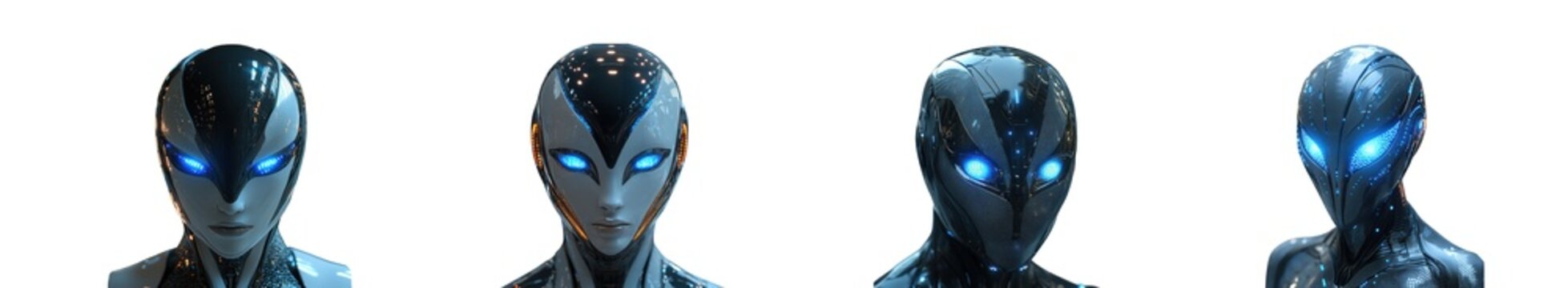 Four futuristic alien or robot heads with glowing blue eyes and dark, starry bodies, isolated on transparent background