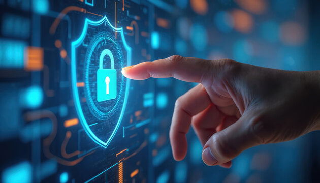 Person interacts with digital security interface. A glowing shield with a lock icon is activated by a fingertip. Data streams flow around the protective symbol, representing cyber safety.