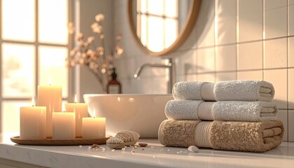 Serene Bathroom Scene With Stacked Towels and Lit Candles Creating a Warm Ambiance in Soft Natural Sunlight