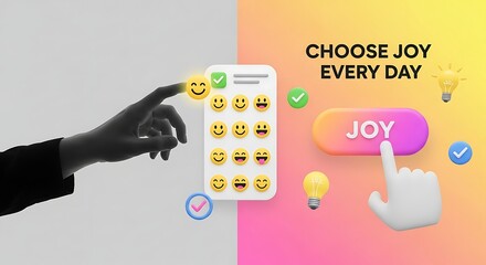 Hand choosing joy emoji from phone screen with button and light bulb