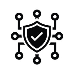 Black security shield icon with checkmark is connected to network nodes in a single style