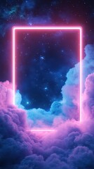 Obraz premium Neon Sky Frame: A radiant neon frame illuminates a dreamlike landscape where fluffy clouds dance across a vibrant cosmos, where light merges with the mysteries of space