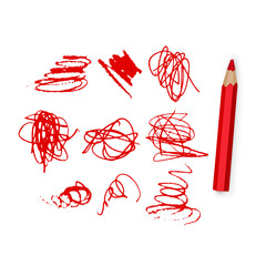 Collection of Red Pencil Strokes and doodles scribbles with a Red Pencil