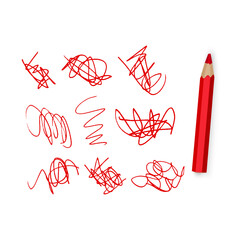Collection of Red Pencil Strokes and doodles scribbles with a Red Pencil