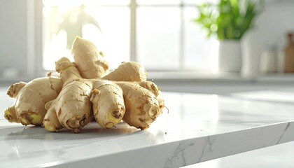 Several Fresh Ginger Root Vegetables Resting on a White Marble Kitchen Countertop with Soft Natural Sunlight Streaming Through a Window Creating a Warm Inviting Atmosphere