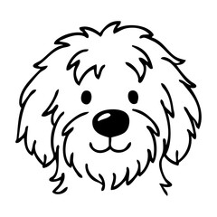 Logo pet friendly. Cabeza de perro de pelo largo sonriente con líneas 