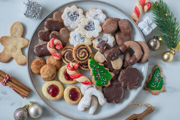 Christmas cookies baking on wooden background