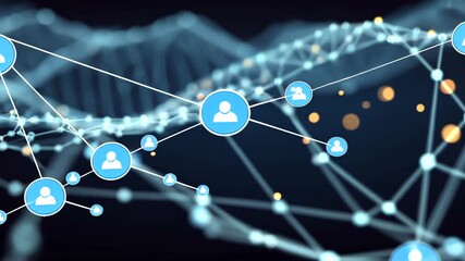 Abstract digital network with interconnected blue user icons and glowing nodes - Powered by Adobe
