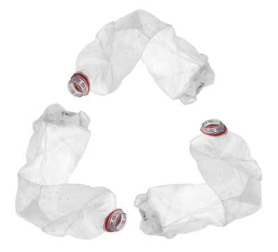 Sign of reduce symbol icon made from 3 crushed pet bottles, reduce reuse recycle for environmental sustainability concept. 