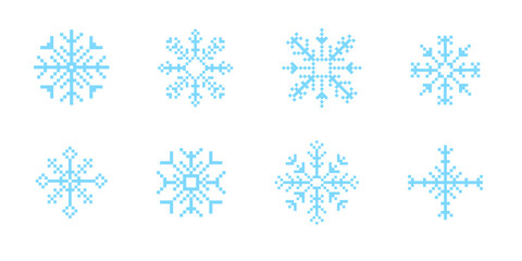 Fototapeta na wymiar Set y2k pixel art snowflake winter crystal, retro 8 bit mosaic ornament. Ice seasonal design element, background. 90s aesthetics vintage games.