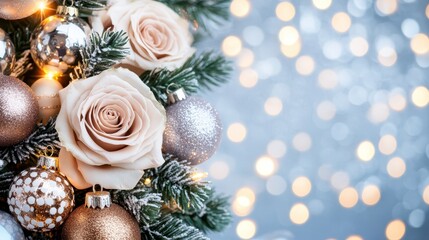Holiday Floral Fantasy: A festive close-up features an elegant array of delicate roses nestled among shimmering ornaments on a decorated evergreen tree, set against a soft bokeh background.